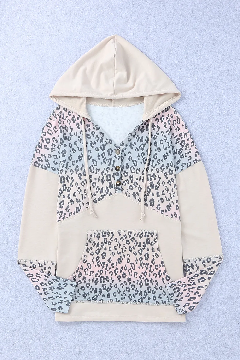 Apricot Leopard Patchwork Buttons Hooded Sweatshirt With Pocket