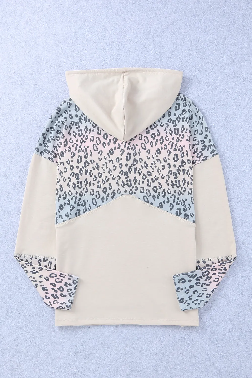 Apricot Leopard Patchwork Buttons Hooded Sweatshirt With Pocket