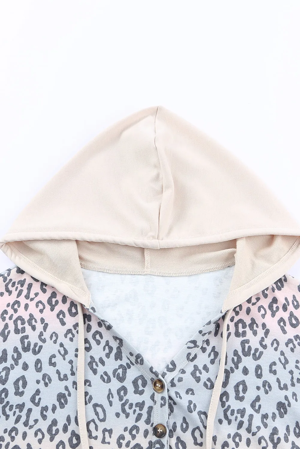 Apricot Leopard Patchwork Buttons Hooded Sweatshirt With Pocket