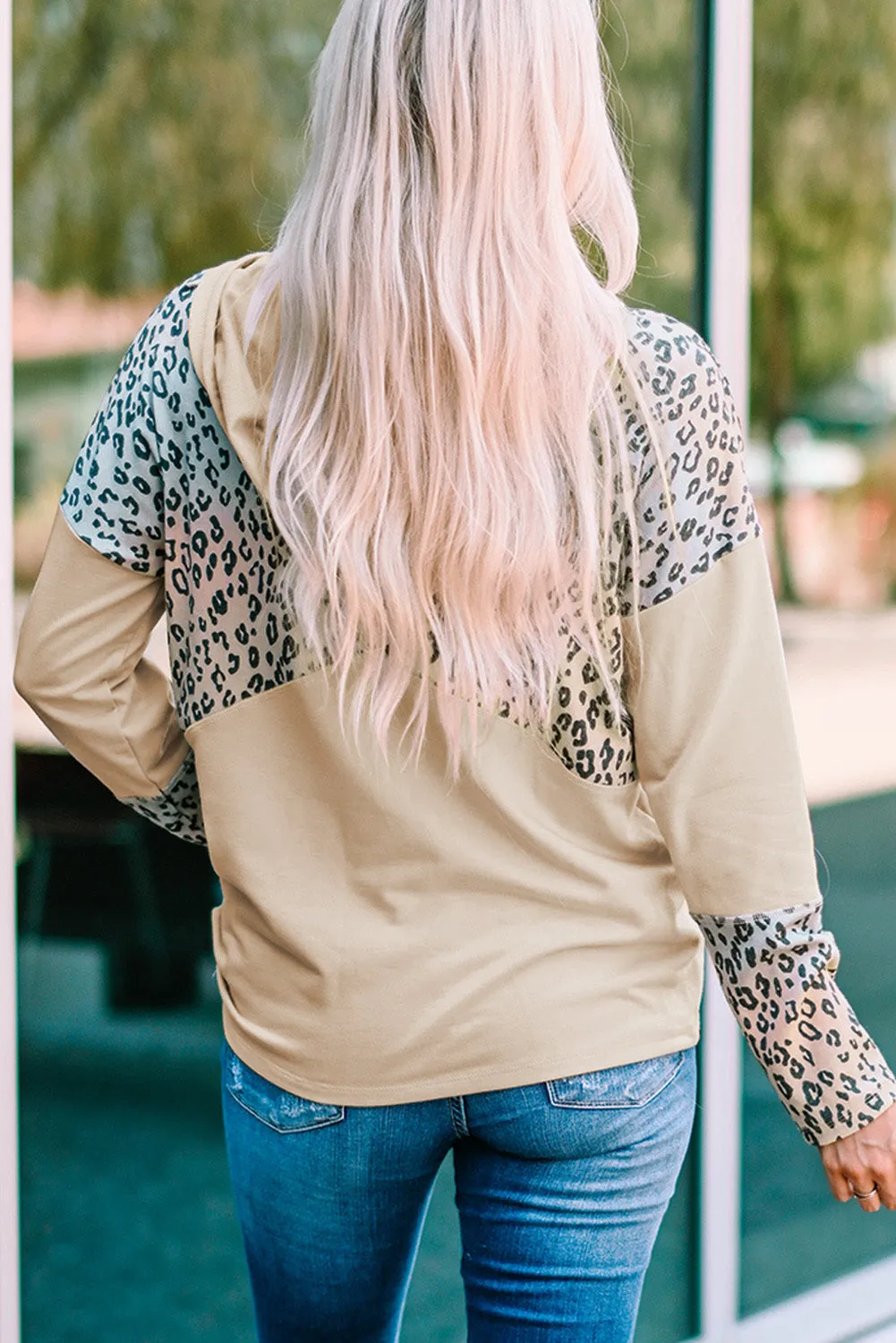 Apricot Leopard Patchwork Buttons Hooded Sweatshirt With Pocket