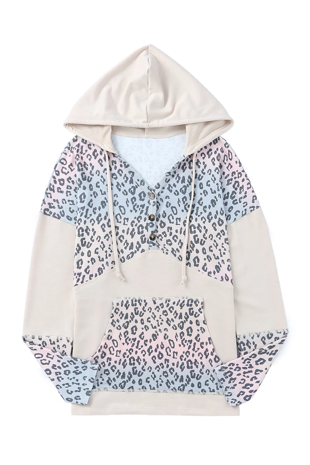 Apricot Leopard Patchwork Buttons Hooded Sweatshirt With Pocket