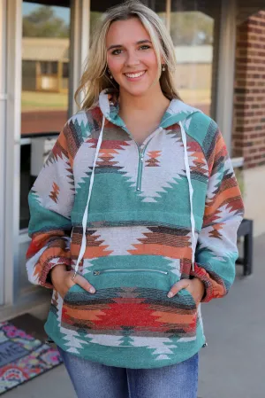 Aztec Zipped Split Neck Hoodie