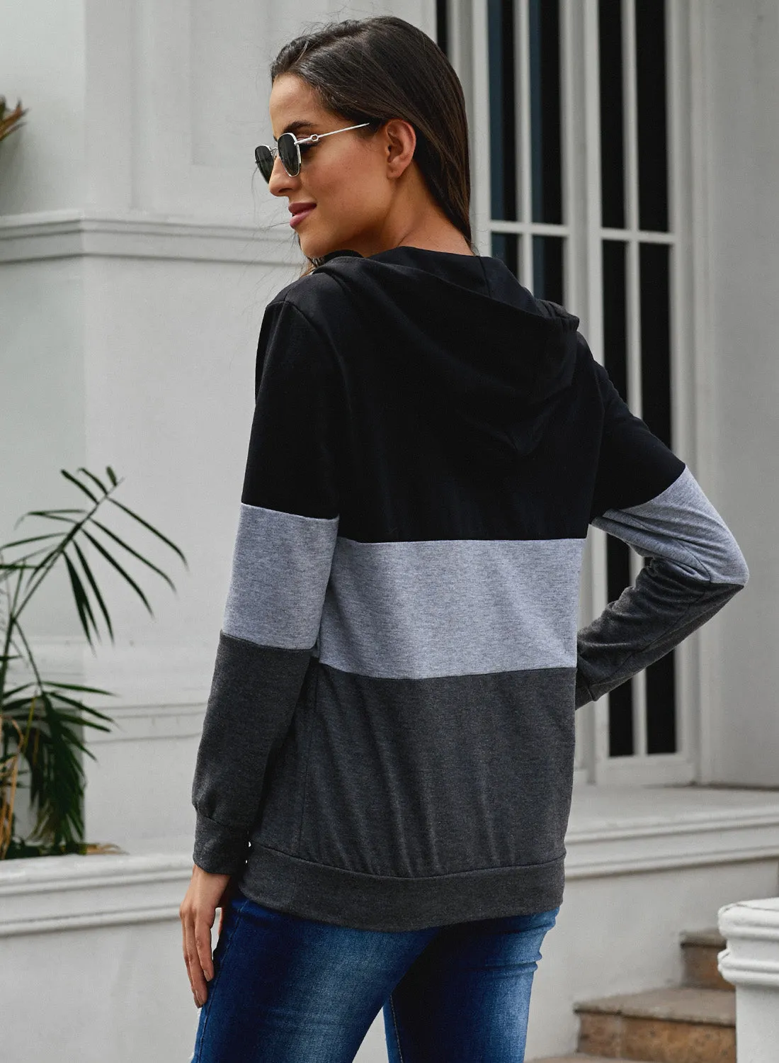 Black Color Block Zipped Neck Hoodie