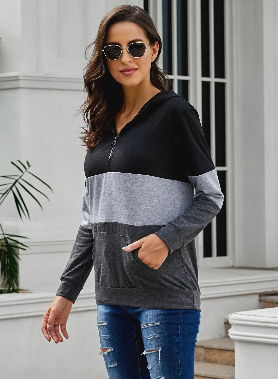 Black Color Block Zipped Neck Hoodie