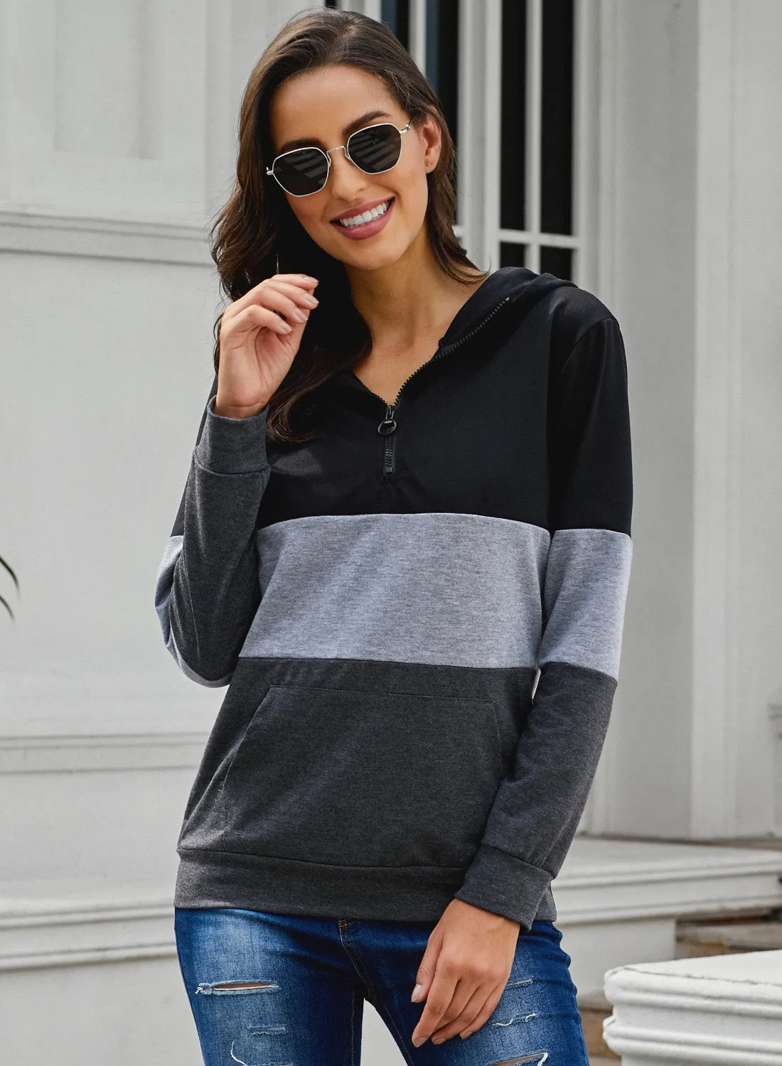 Black Color Block Zipped Neck Hoodie