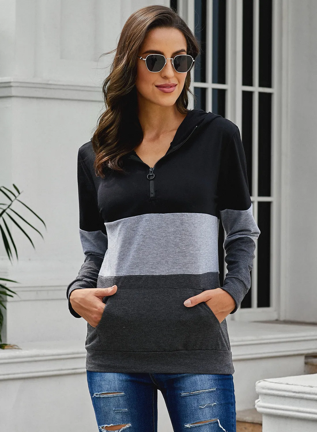 Black Color Block Zipped Neck Hoodie