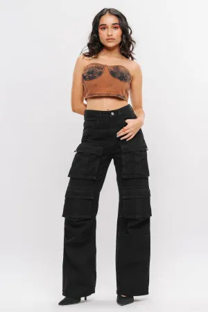 Black Front Pocketed Denim Cargo