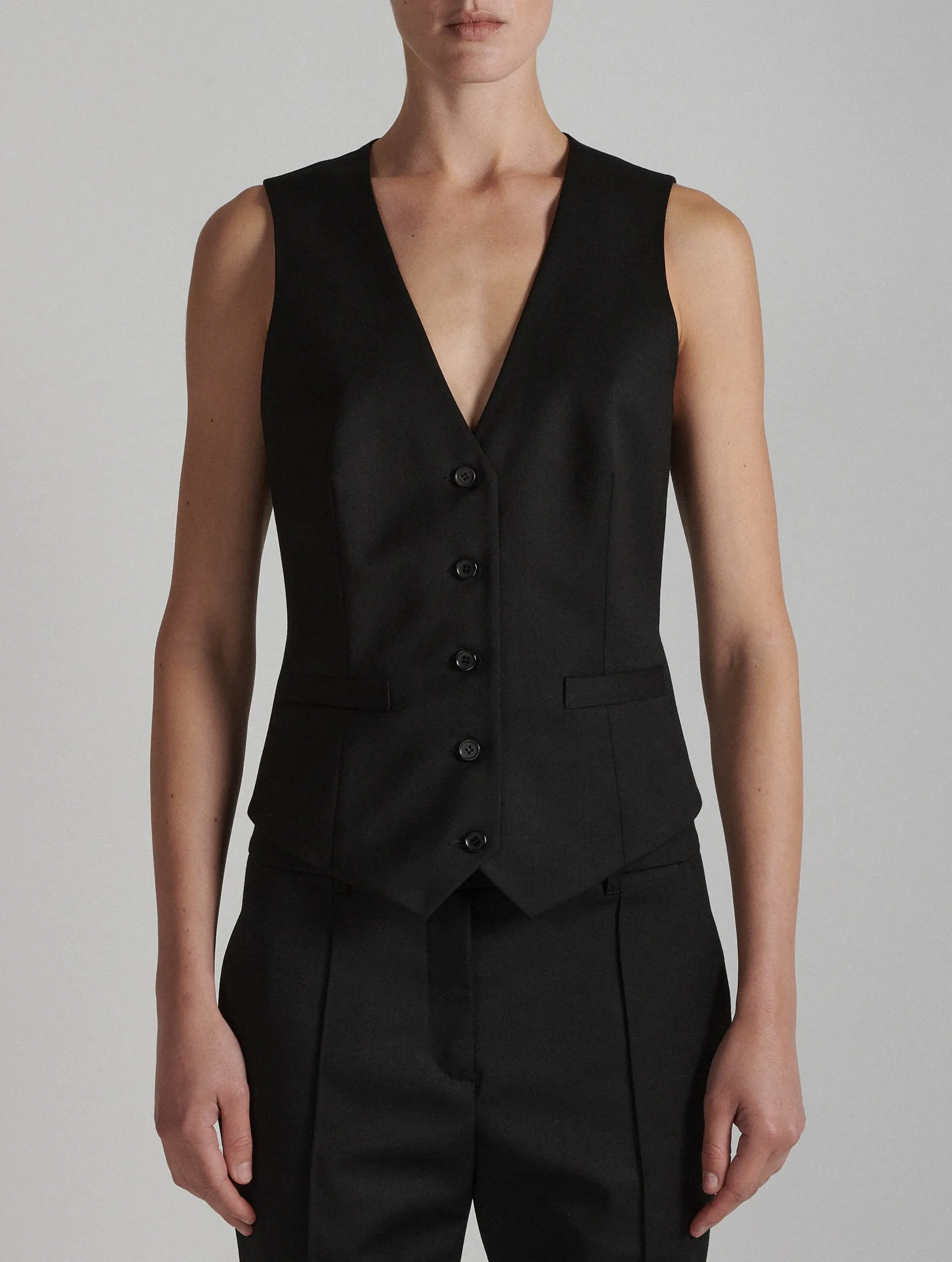 Black stretch wool gabardine suit vest