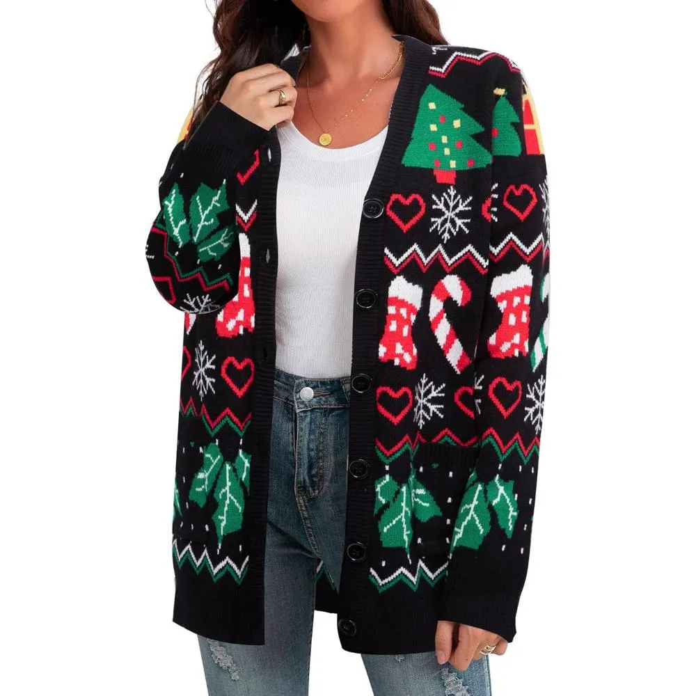 Christmas Cardigan With Snowflake And Decoration Print