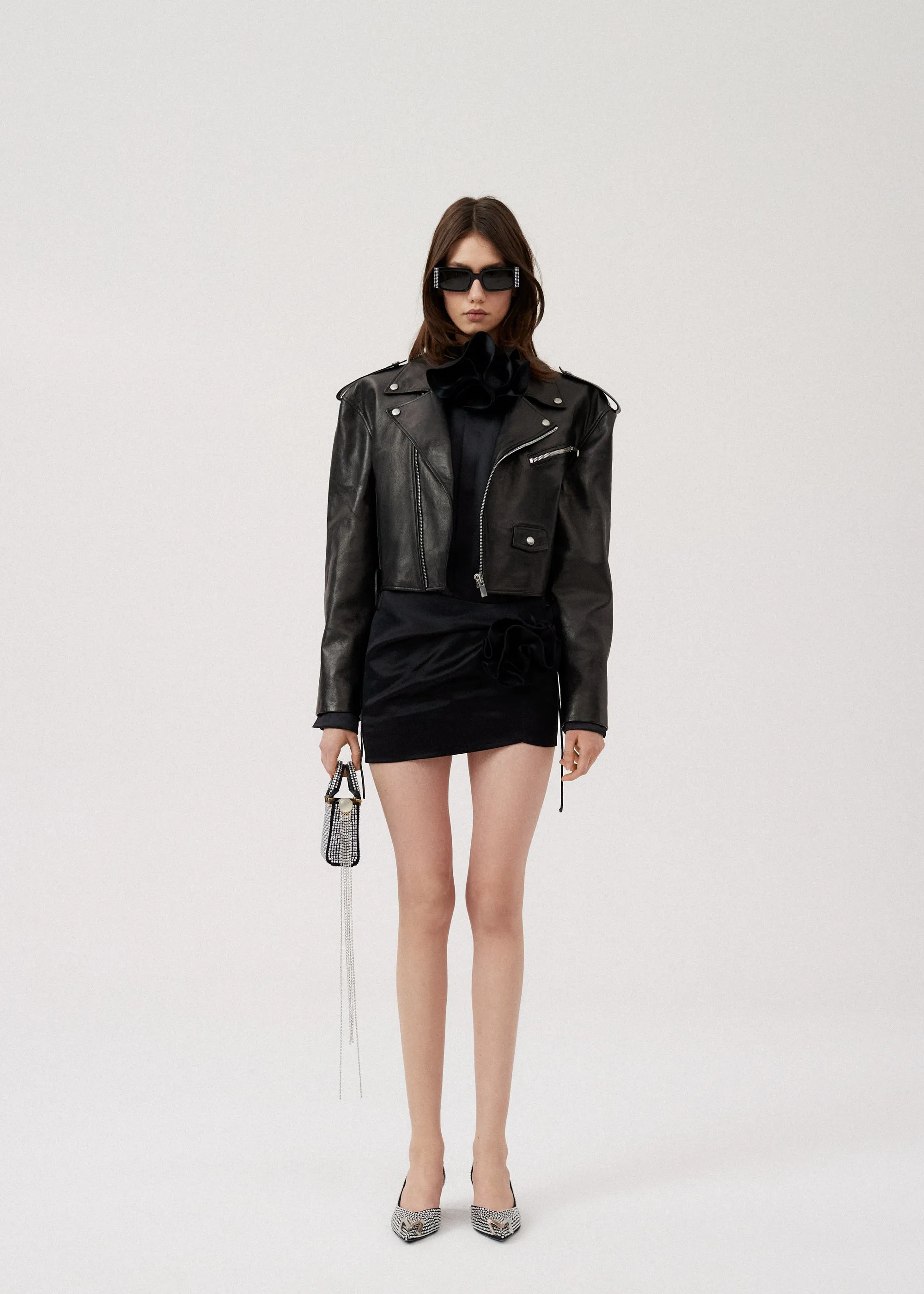 Cropped biker jacket in black leather