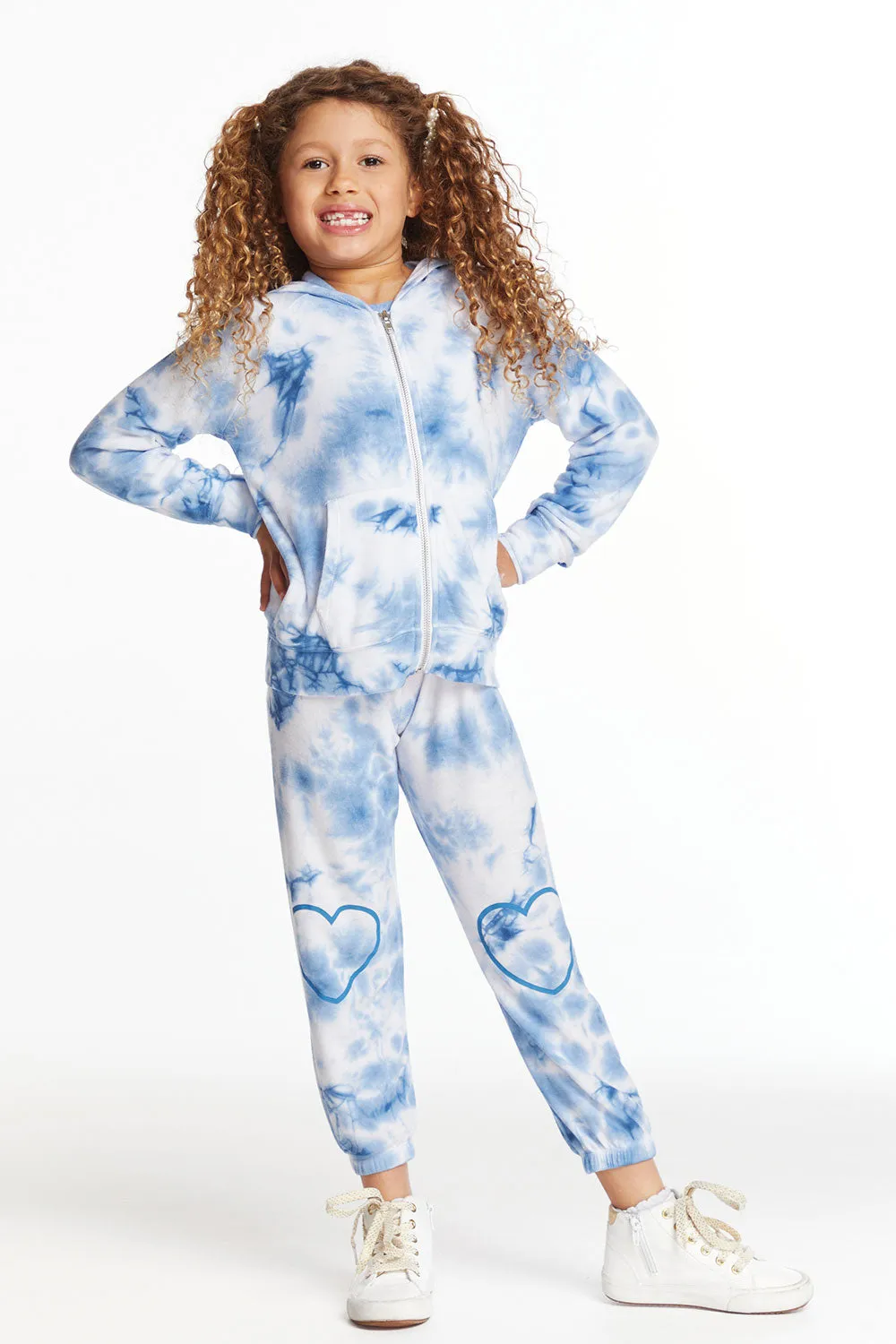 Denim Tie Dye Heart Girls Cozy Knit Hoodie