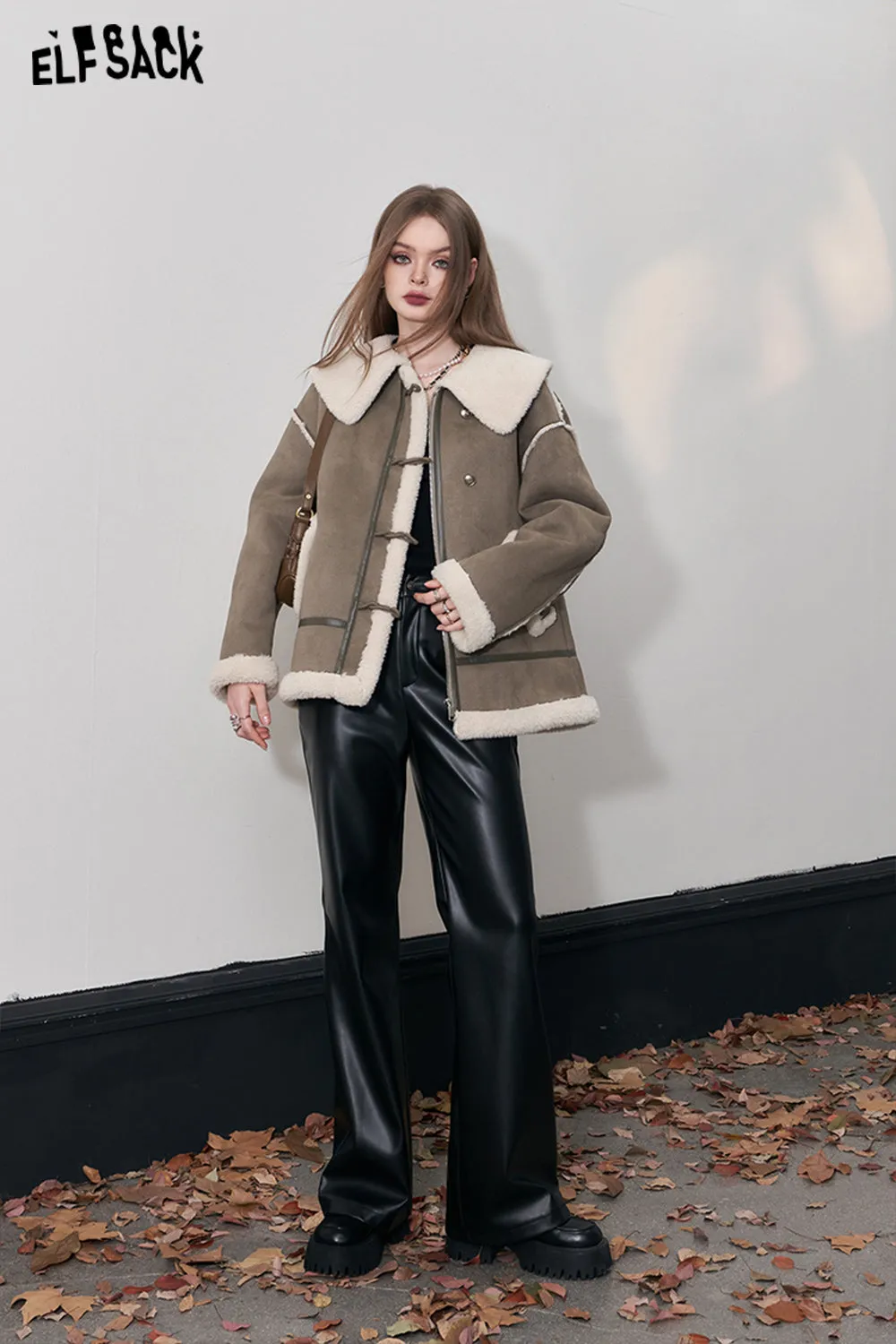 ELFSACK Spliced Fleece Coats Women 2023 Winter Designer Luxury Outwears