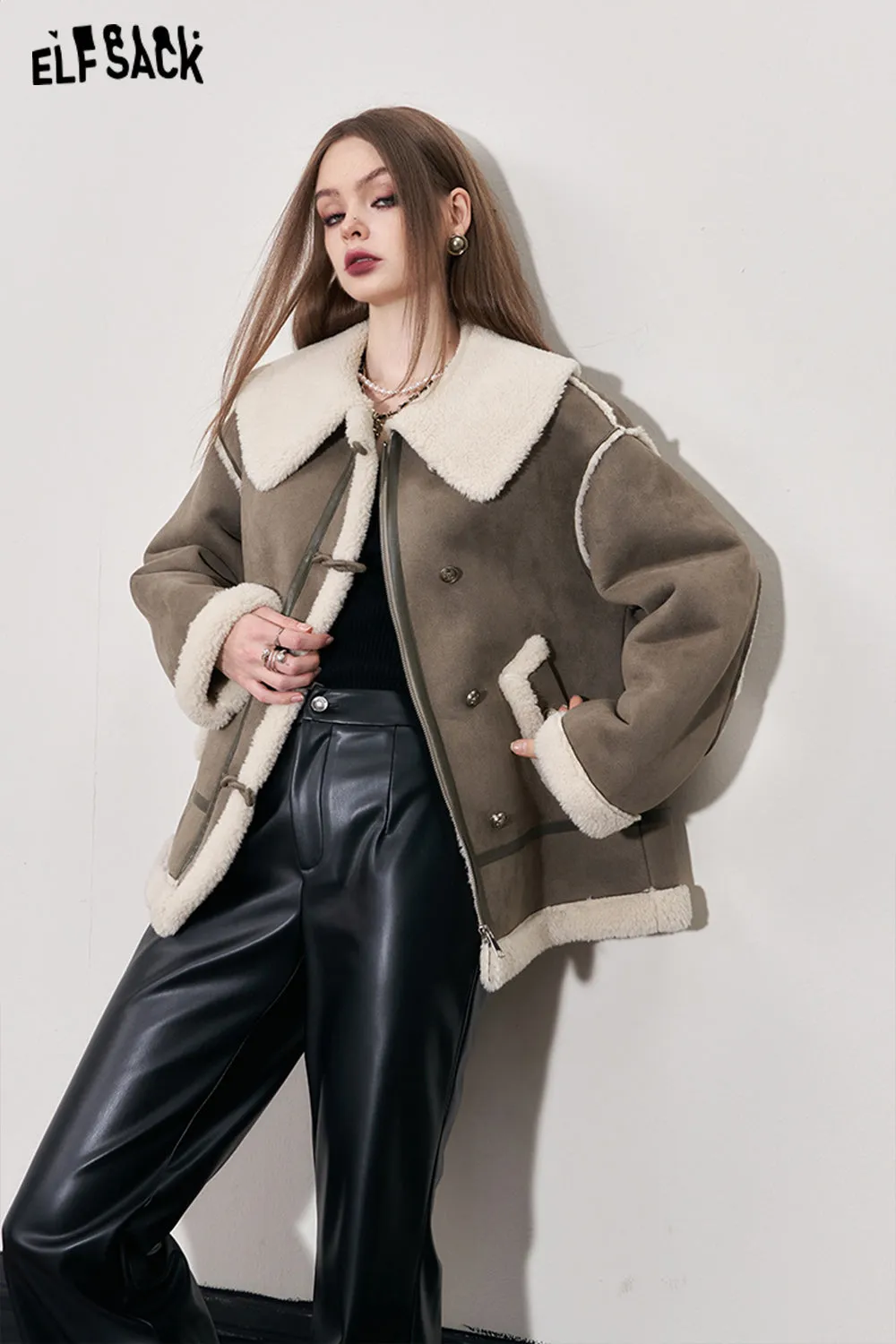 ELFSACK Spliced Fleece Coats Women 2023 Winter Designer Luxury Outwears