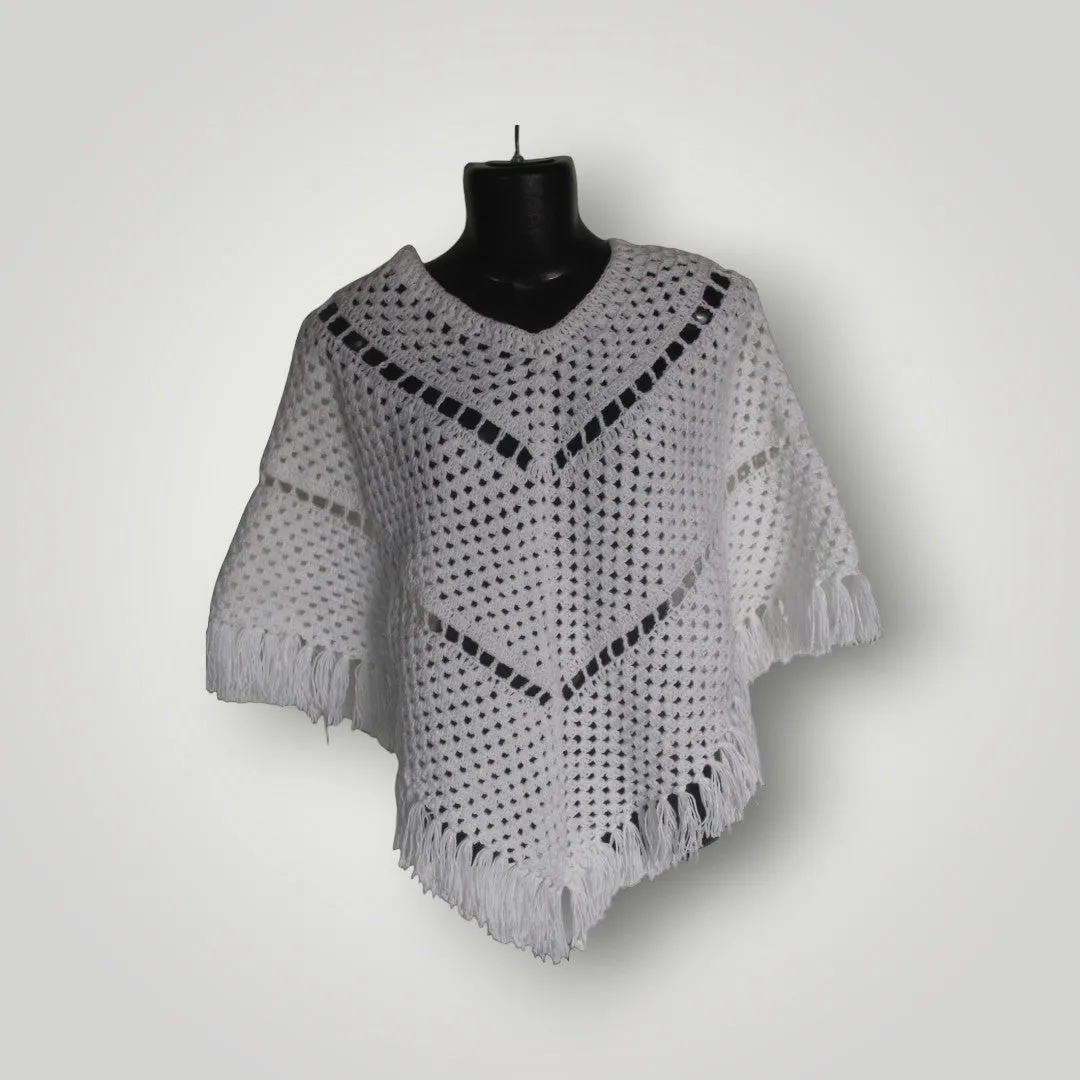 Handmade New Desing White Woolen Poncho For Women/Girls