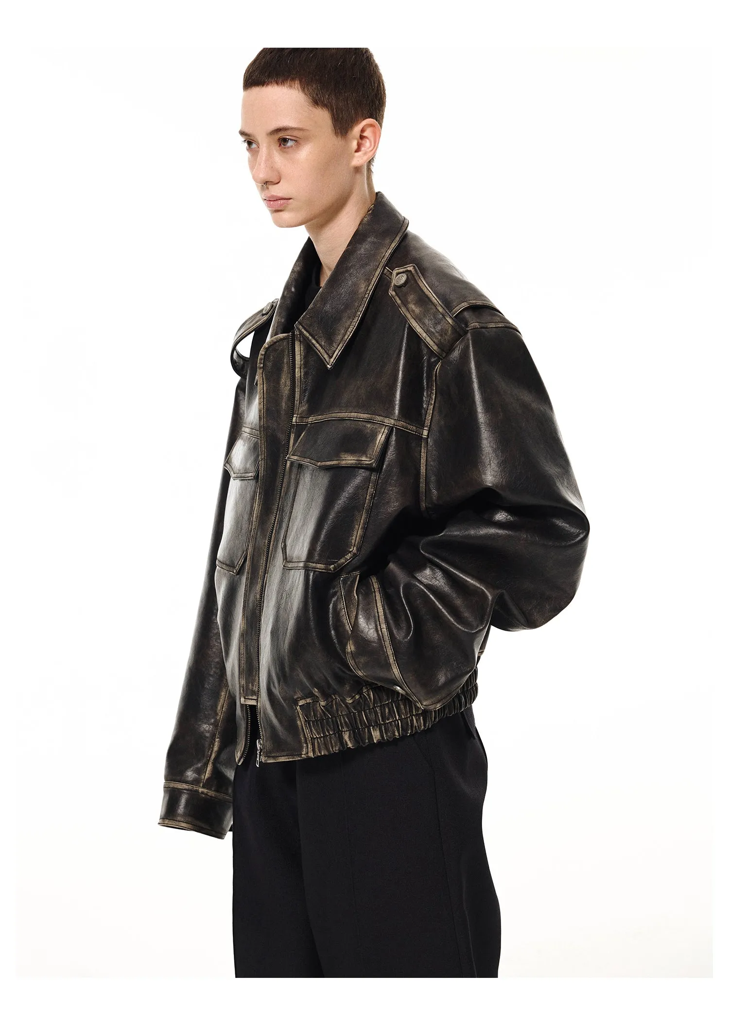 Heavy Duty Damaged Elastic Hem Padded Leather Jacket