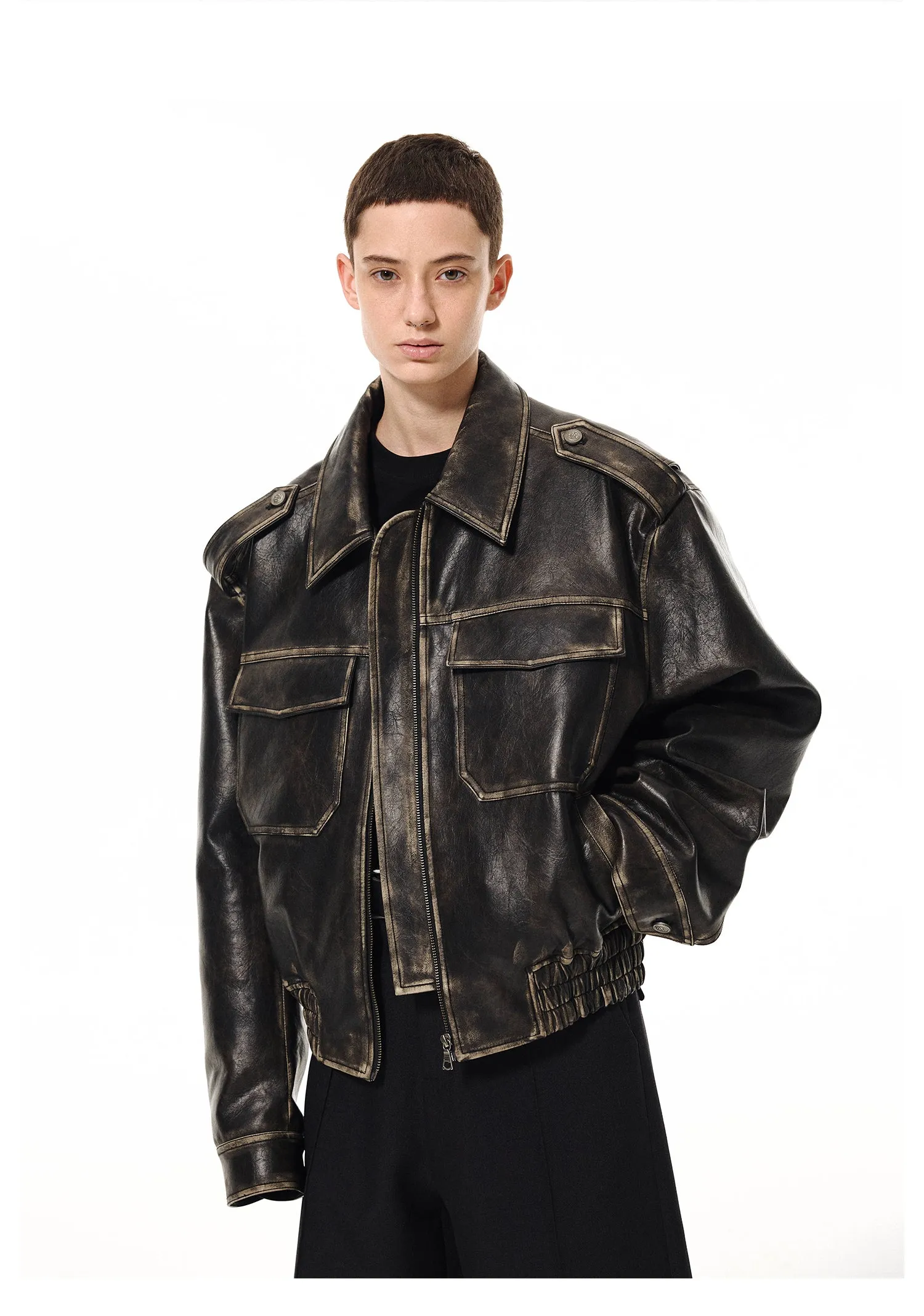 Heavy Duty Damaged Elastic Hem Padded Leather Jacket