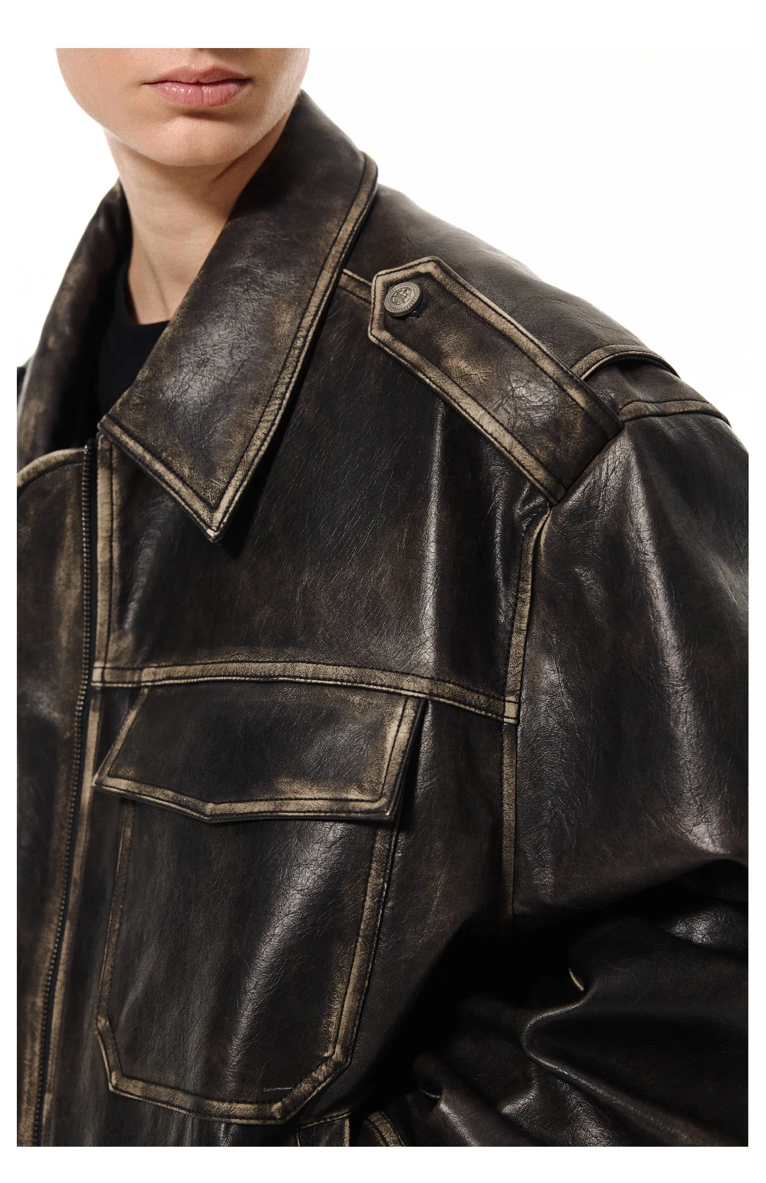 Heavy Duty Damaged Elastic Hem Padded Leather Jacket