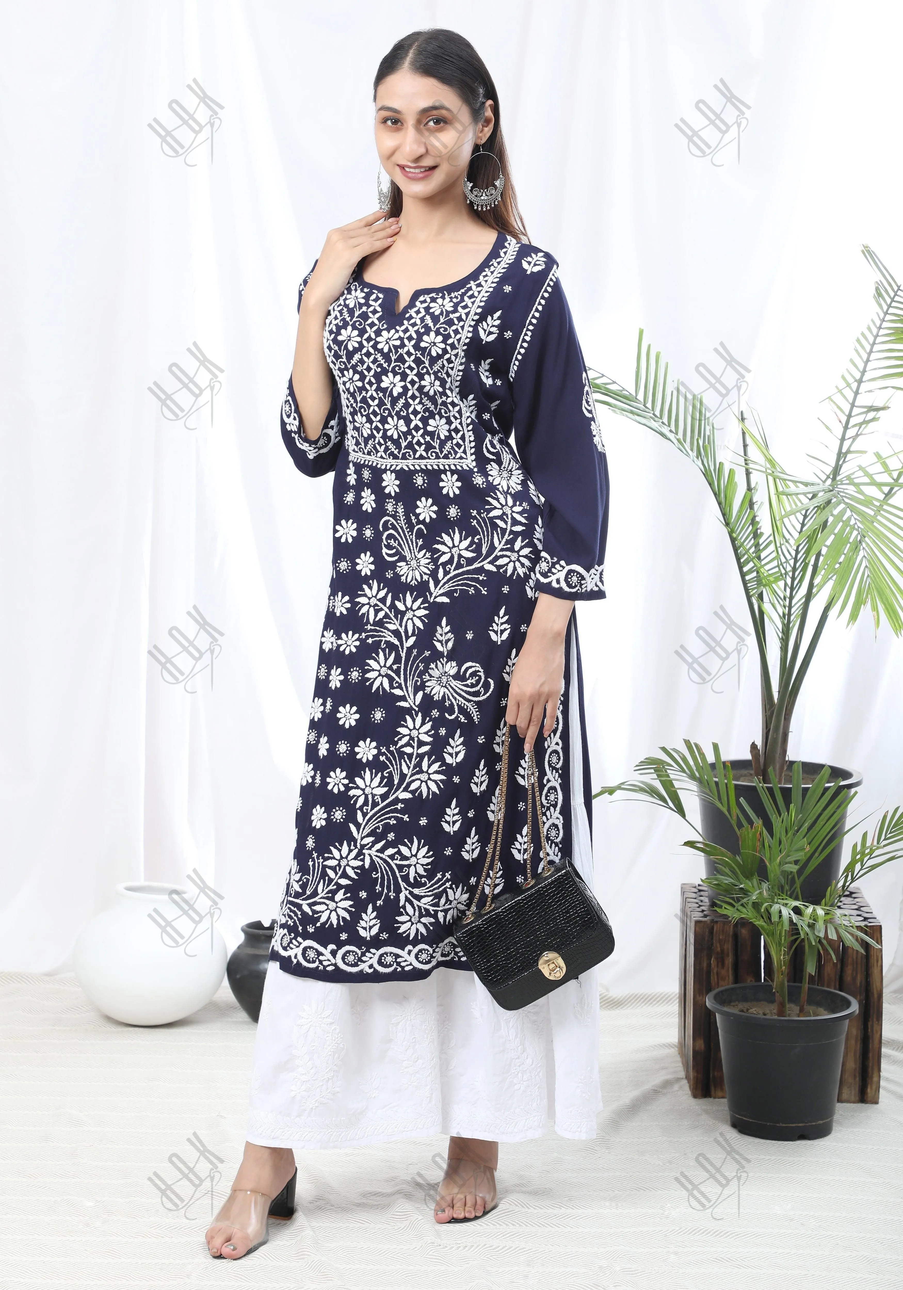 HOK Chikankari Stylish Kurti Dark Blue