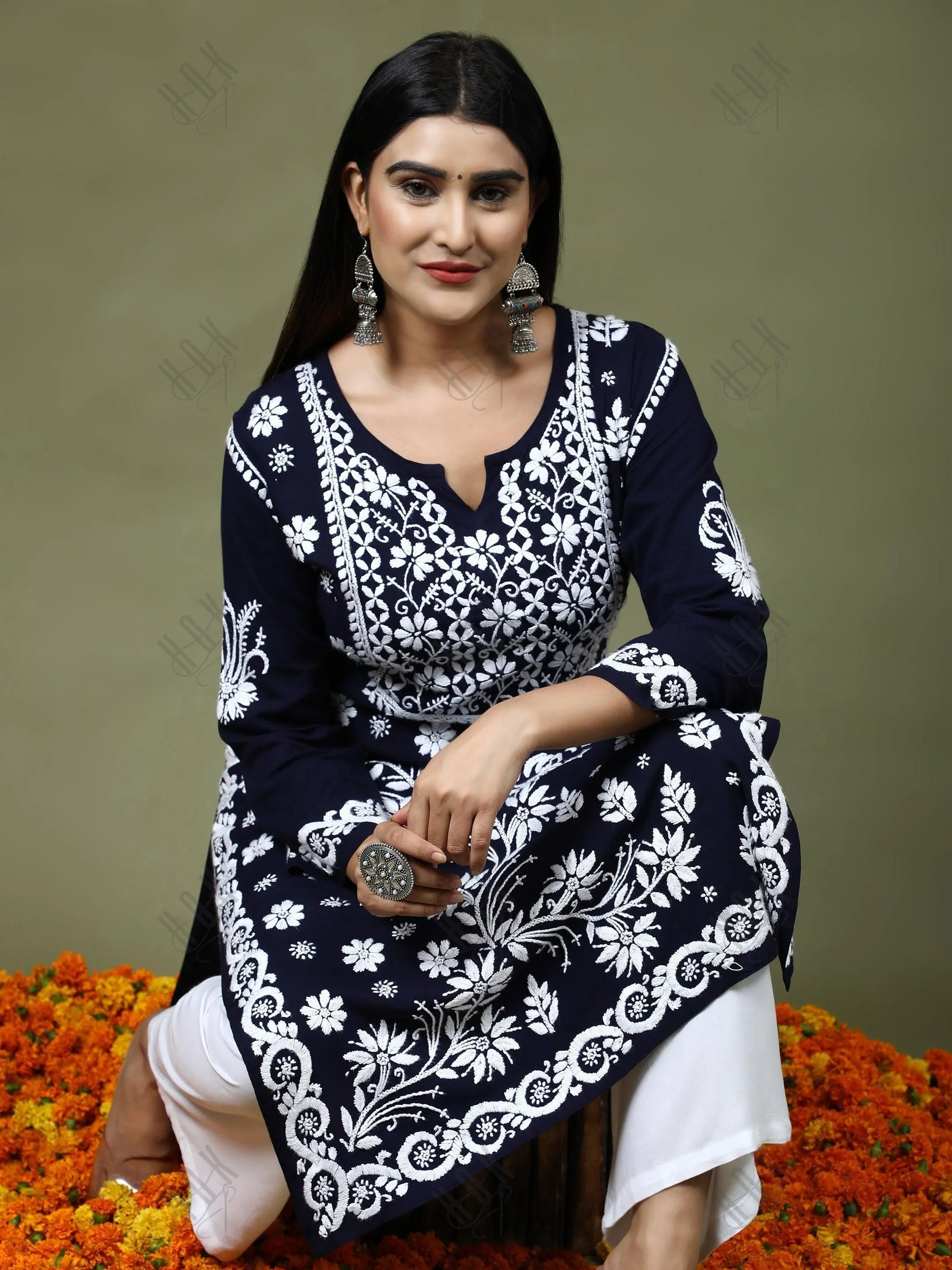 HOK Chikankari Stylish Kurti Dark Blue