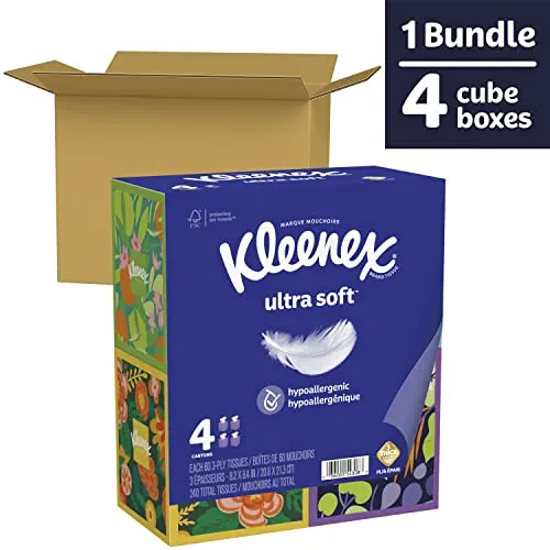 Kleenex Ultra Soft Facial Tissues 4 Cube Boxes 60 Tissues per Box 3 Ply 240 Total