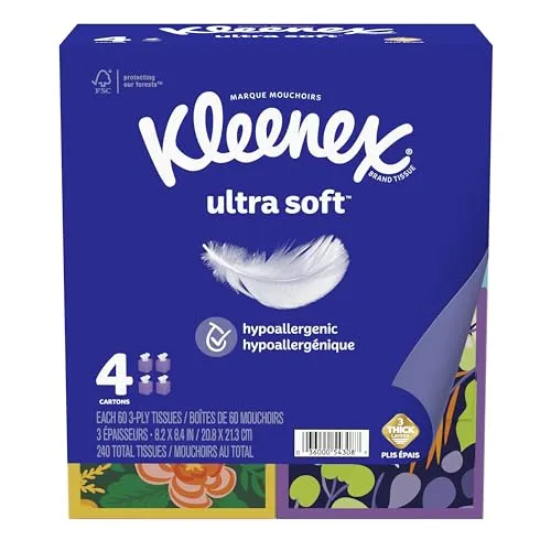 Kleenex Ultra Soft Facial Tissues 4 Cube Boxes 60 Tissues per Box 3 Ply 240 Total