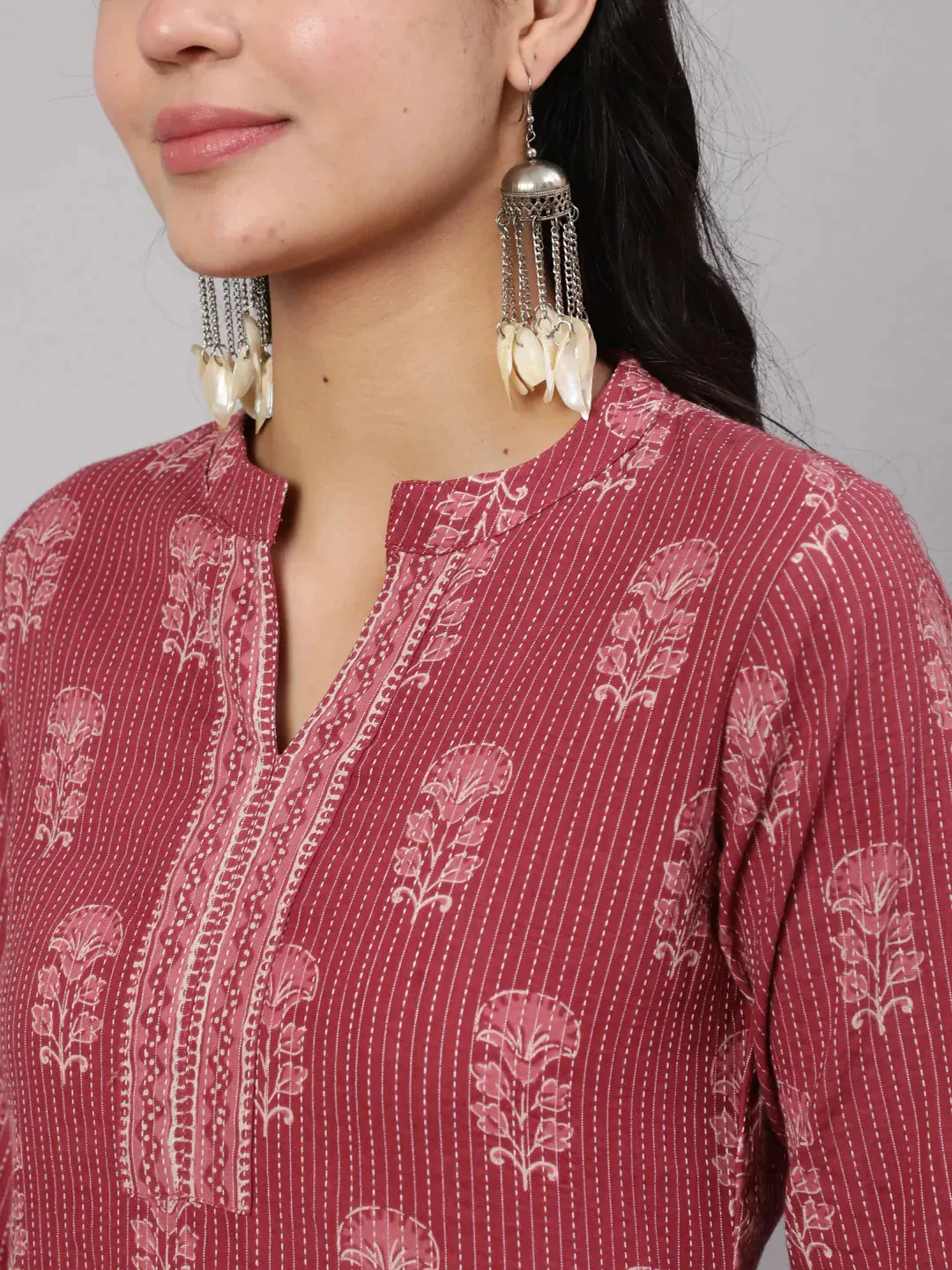 Mauve  & White Block Printed Cotton Kurti With Pants