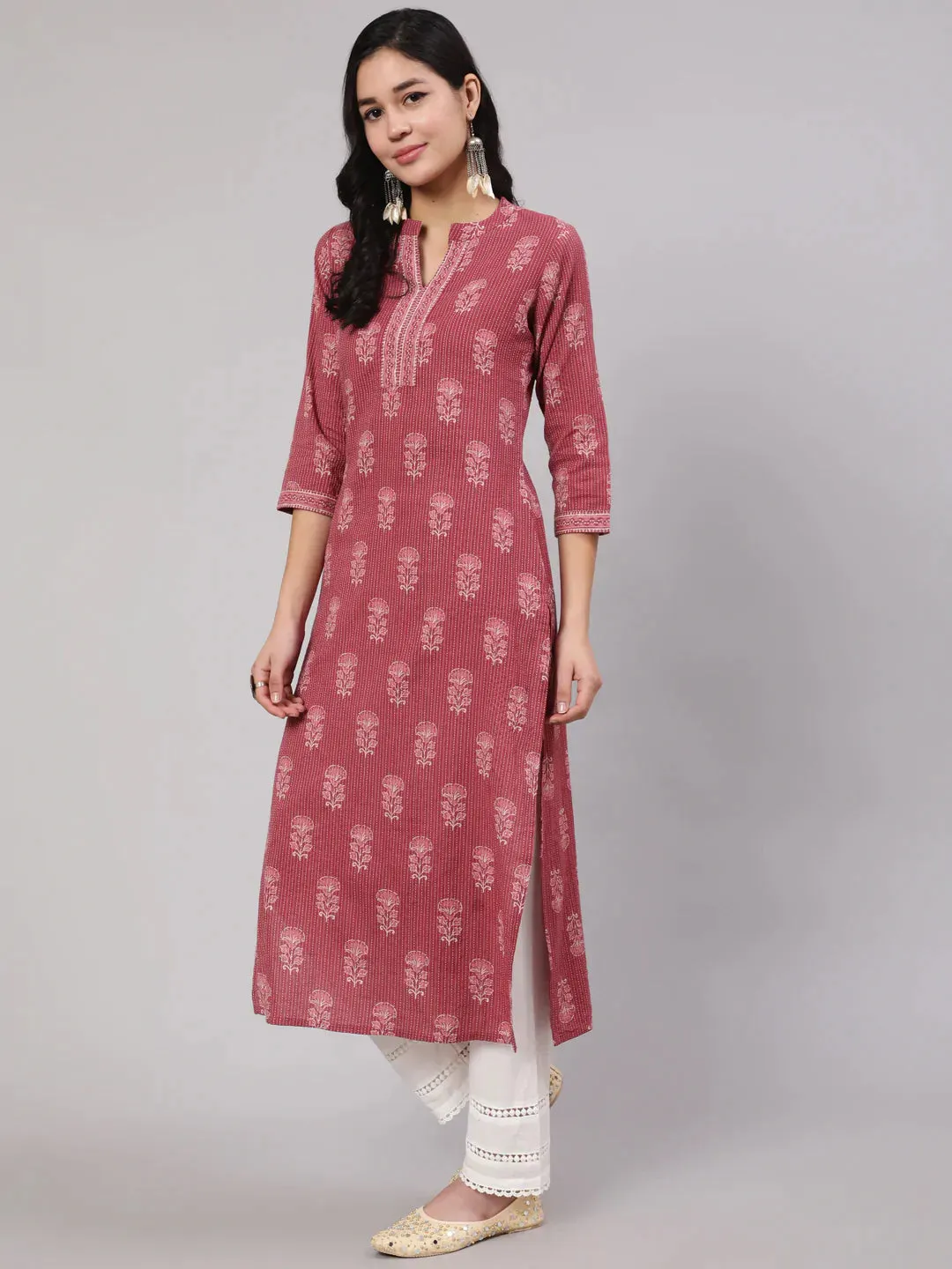 Mauve  & White Block Printed Cotton Kurti With Pants