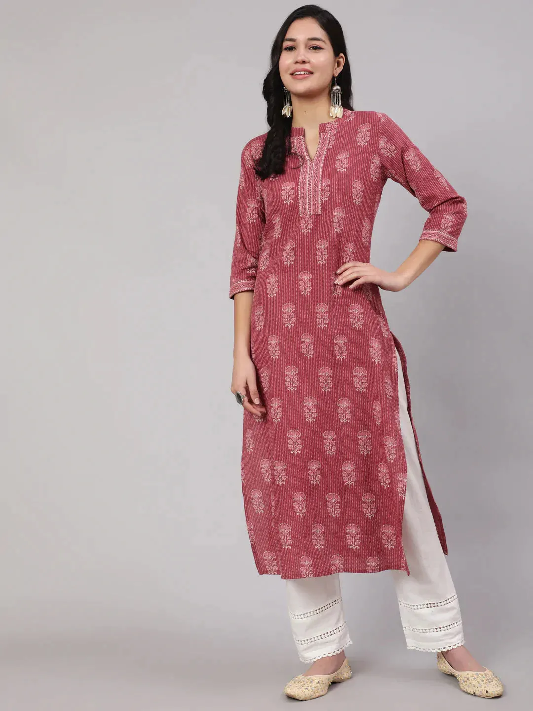 Mauve  & White Block Printed Cotton Kurti With Pants