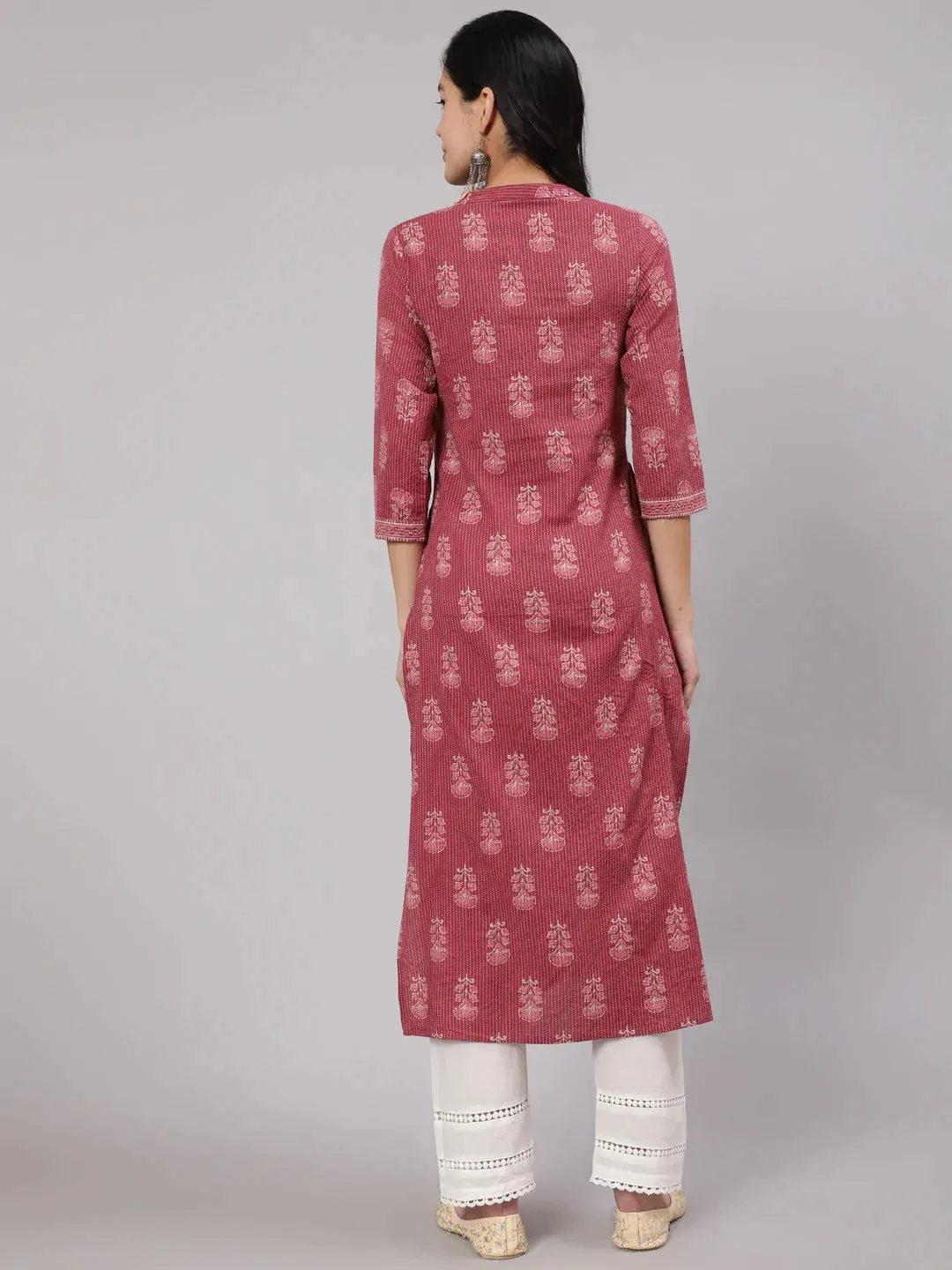 Mauve  & White Block Printed Cotton Kurti With Pants