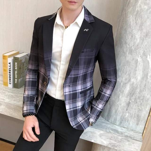 Men Blazer Spring New Colorblock Plaid Blazer Men Slim Casual Man Blazers Wedding Business Party Clothing Dress Men Coats