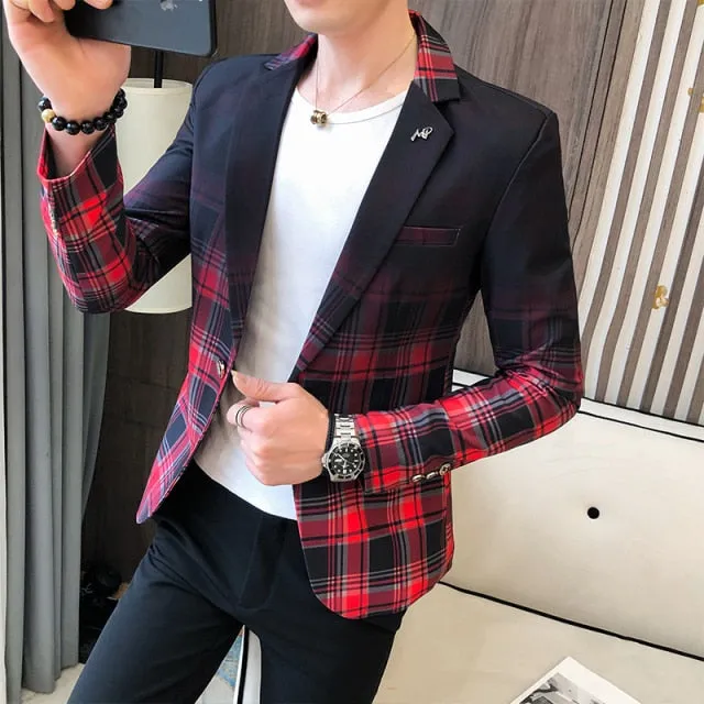 Men Blazer Spring New Colorblock Plaid Blazer Men Slim Casual Man Blazers Wedding Business Party Clothing Dress Men Coats