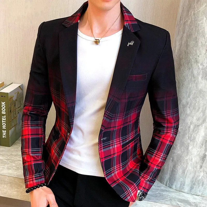 Men Blazer Spring New Colorblock Plaid Blazer Men Slim Casual Man Blazers Wedding Business Party Clothing Dress Men Coats