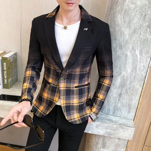 Men Blazer Spring New Colorblock Plaid Blazer Men Slim Casual Man Blazers Wedding Business Party Clothing Dress Men Coats