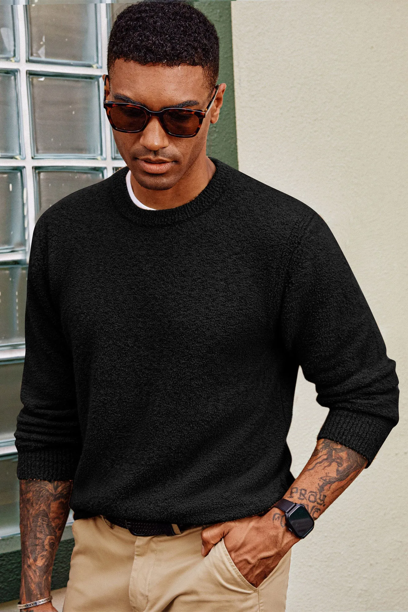 Men Ribbed Cuff Sweater Long Sleeve Crew Neck Pullover Knitwear