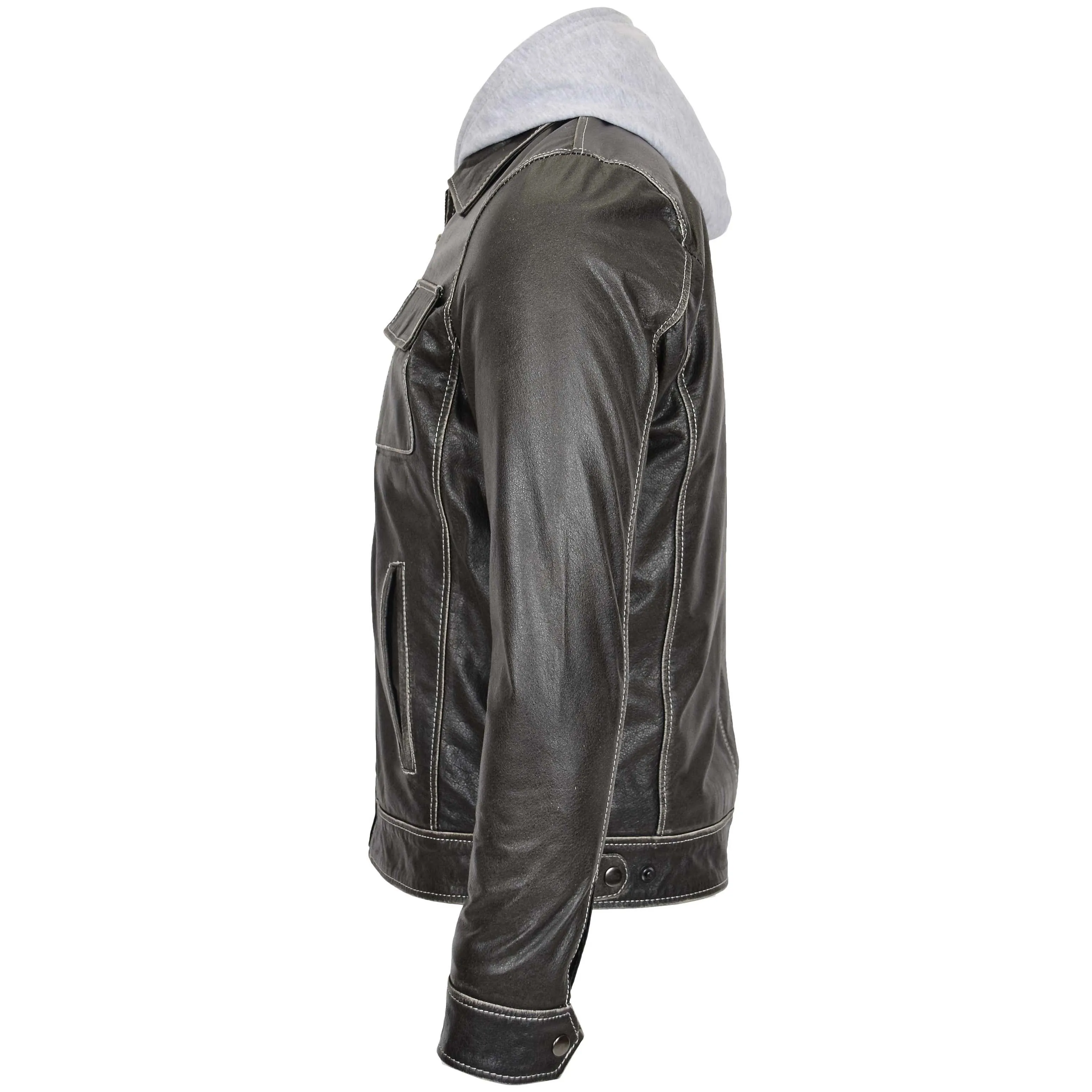 Mens Leather Detachable Hoodie Work Jacket Cypher Grey