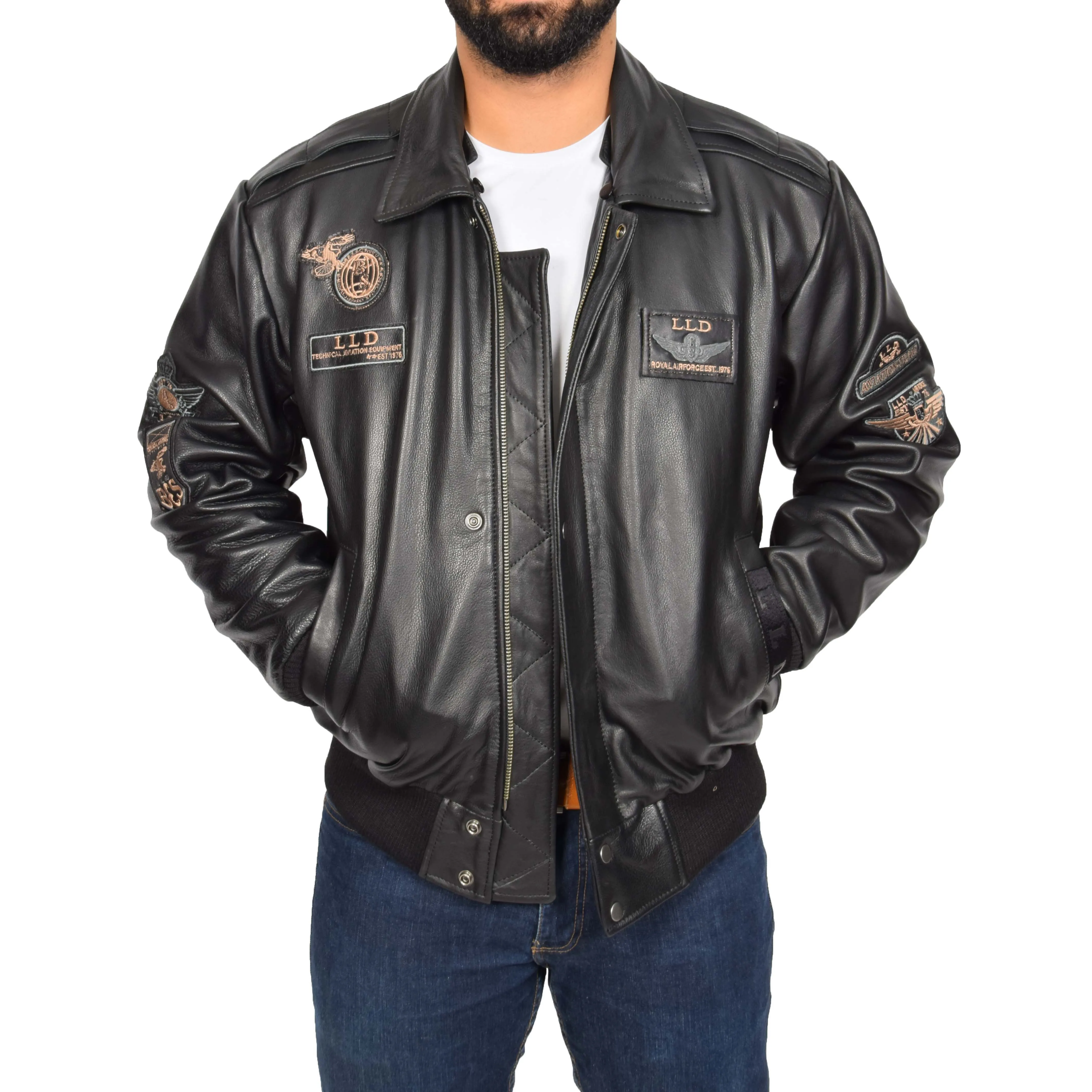 Mens Pilot Bomber Leather Jacket Spitfire Black