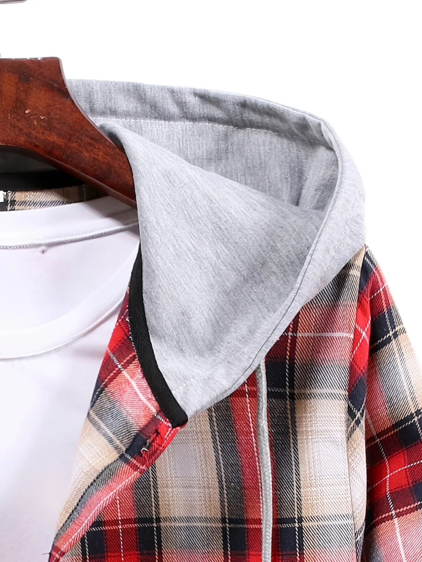 Men's Red Plaid Print Hooded Casual Classic Thermal Fleece Long Sleeve Drawstrings