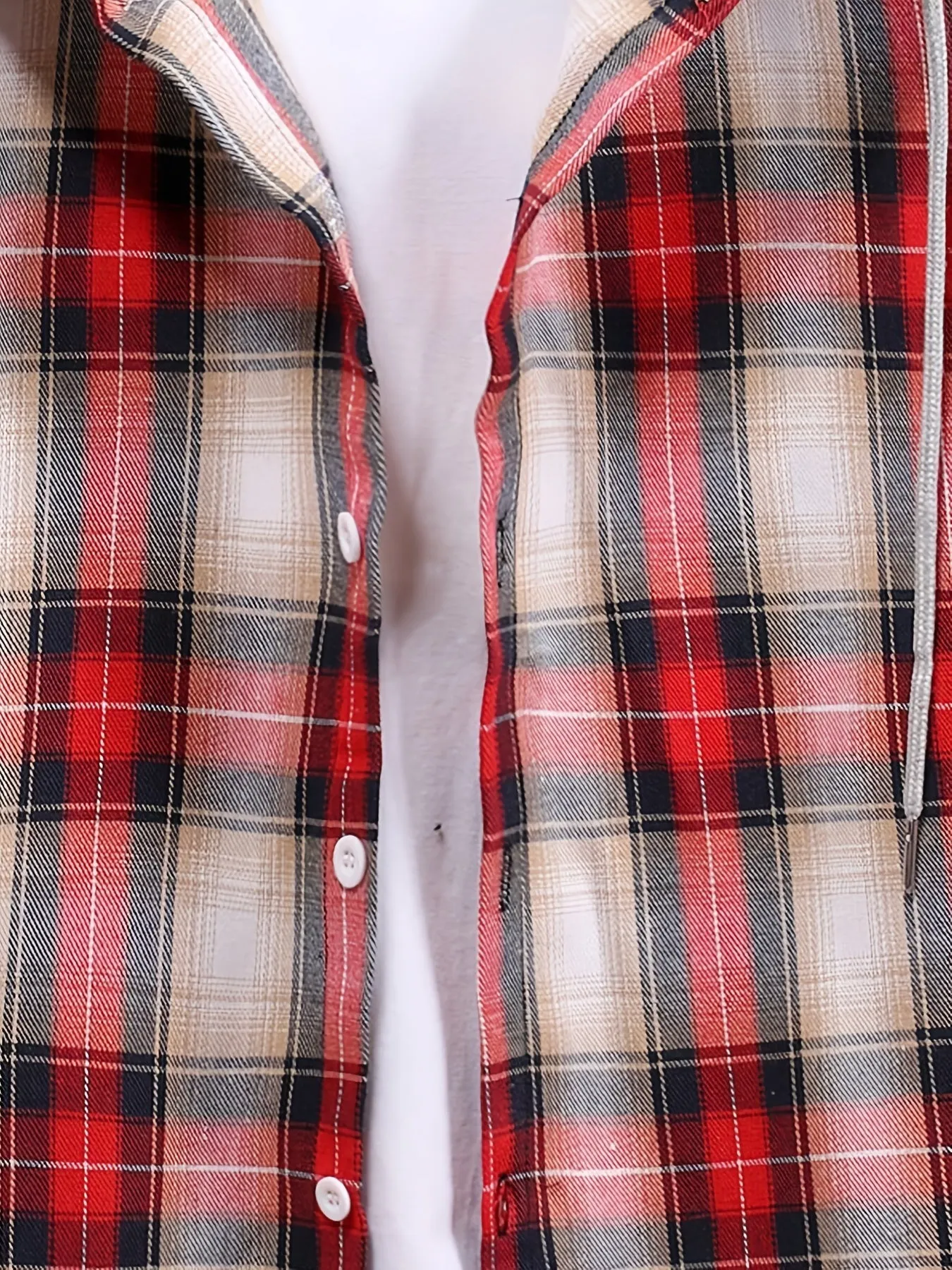 Men's Red Plaid Print Hooded Casual Classic Thermal Fleece Long Sleeve Drawstrings