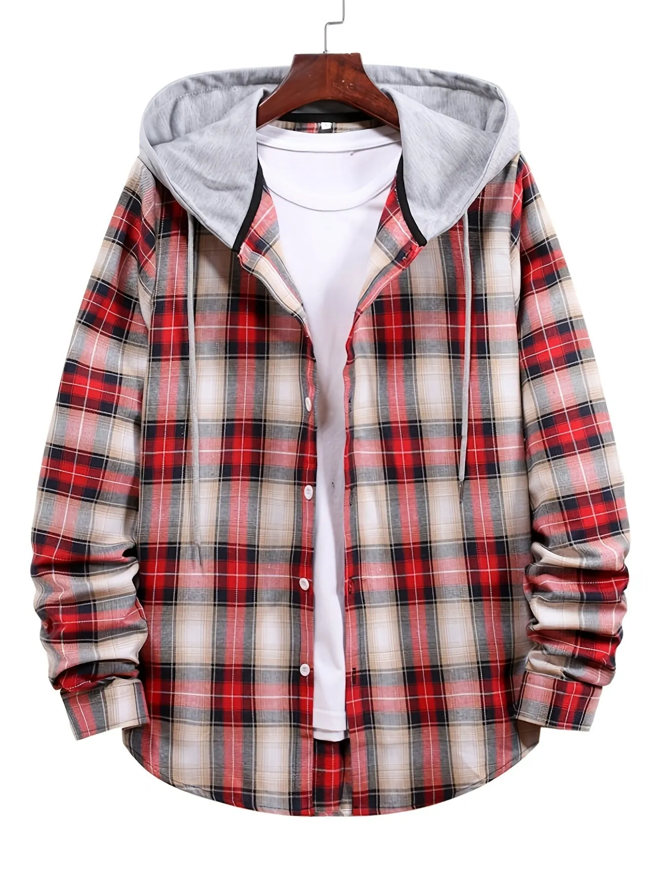 Men's Red Plaid Print Hooded Casual Classic Thermal Fleece Long Sleeve Drawstrings