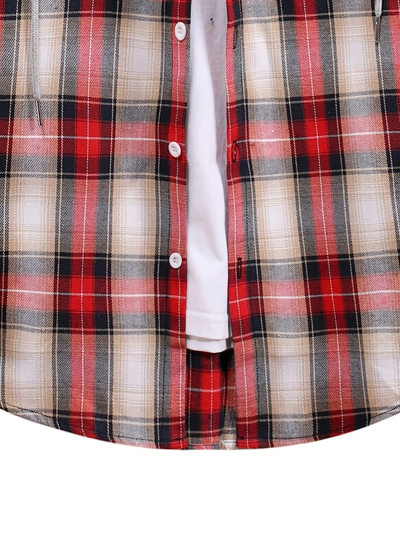 Men's Red Plaid Print Hooded Casual Classic Thermal Fleece Long Sleeve Drawstrings