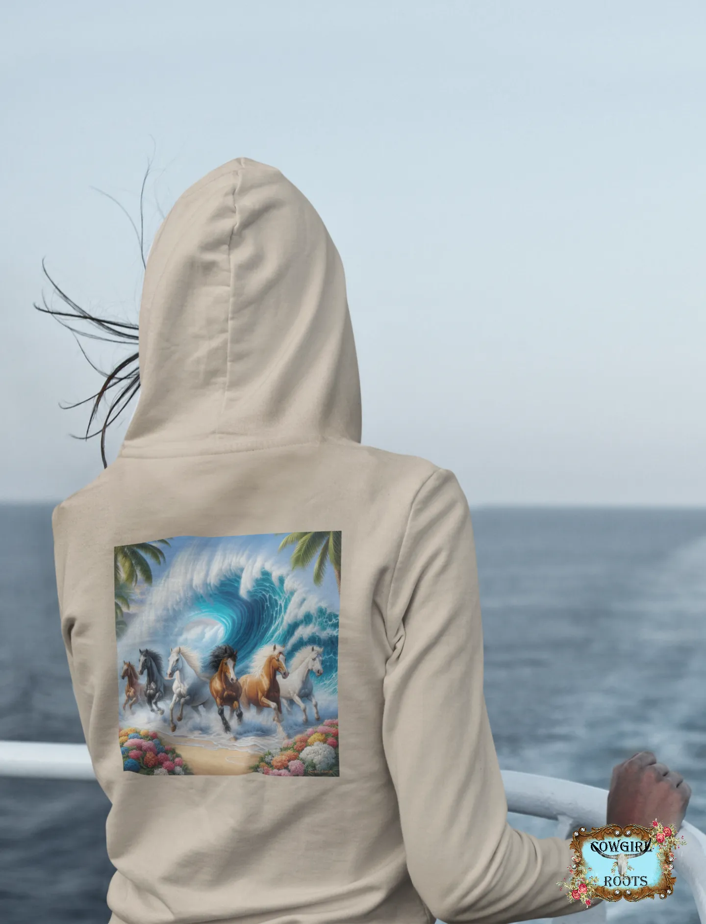 Ocean Herd of Horses Design on Back Front Pocket Hoodies