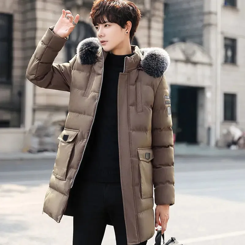 Parka Men’s Slim Winter Coat Thick Fur Hooded Cotton Padded Medium Long Jacket