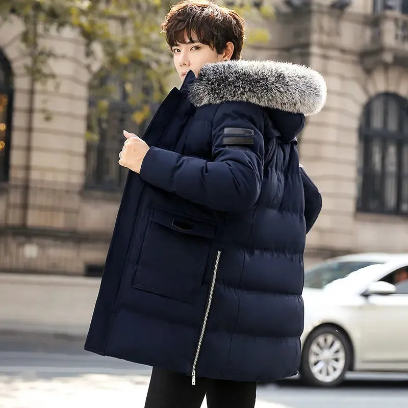 Parka Men’s Slim Winter Coat Thick Fur Hooded Cotton Padded Medium Long Jacket