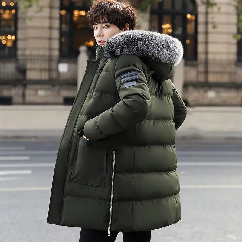 Parka Men’s Slim Winter Coat Thick Fur Hooded Cotton Padded Medium Long Jacket