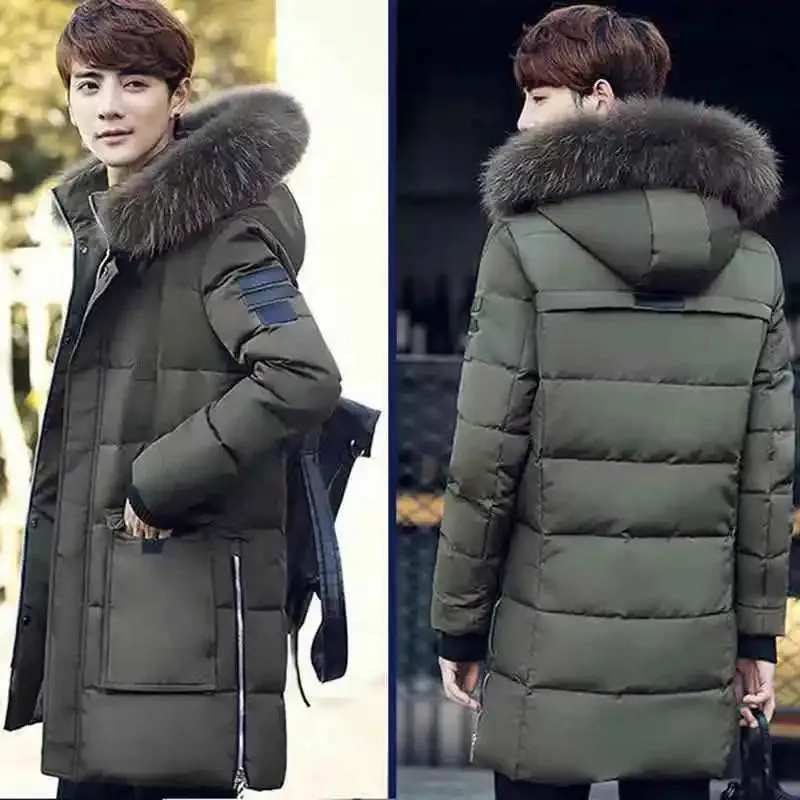 Parka Men’s Slim Winter Coat Thick Fur Hooded Cotton Padded Medium Long Jacket