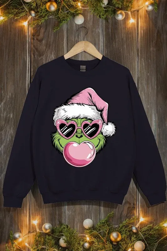 Pink Blowing Bubble Grinch Graphic Sweatshirts