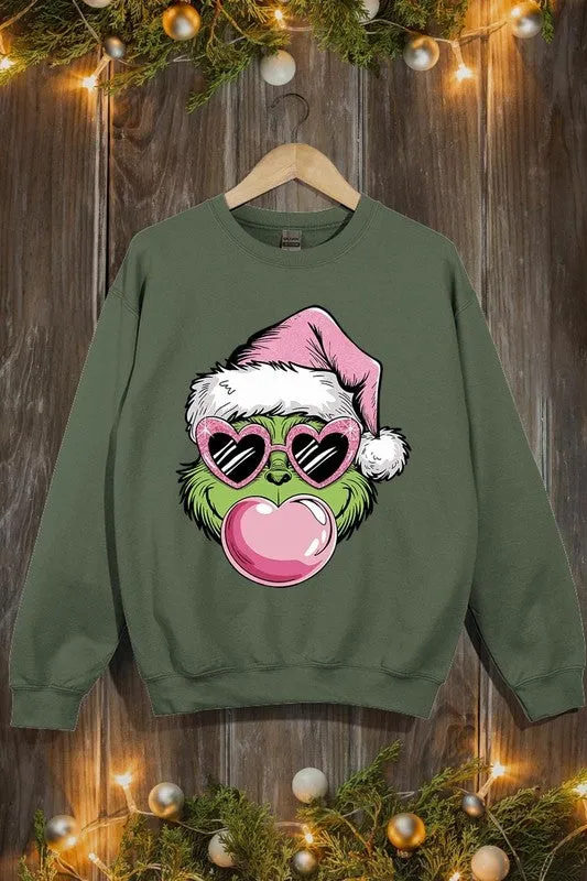 Pink Blowing Bubble Grinch Graphic Sweatshirts