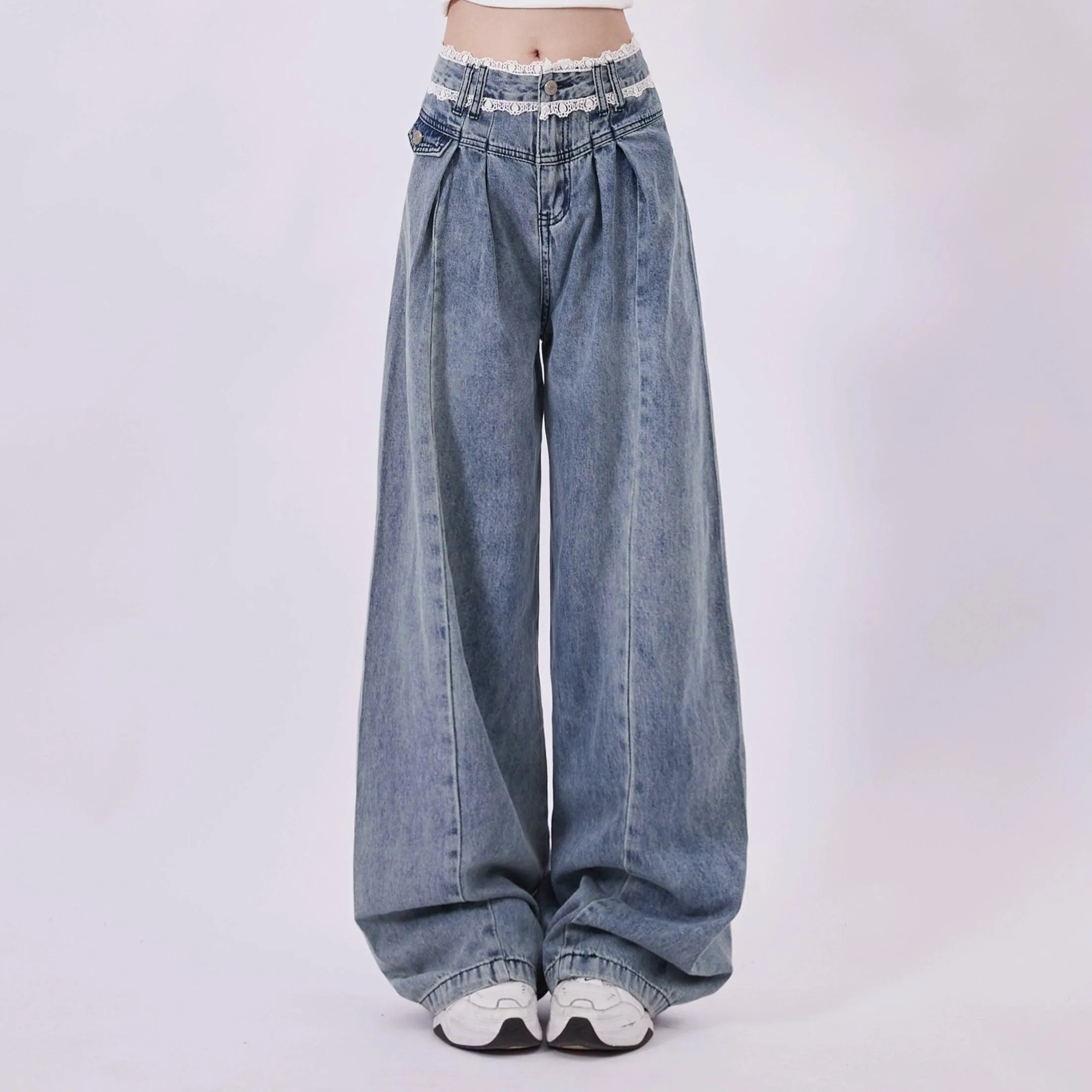 Rayohopp High-Waisted Wide Leg Denim Jeans - Vintage Wash Pleated Palazzo Pants With Relaxed Fit