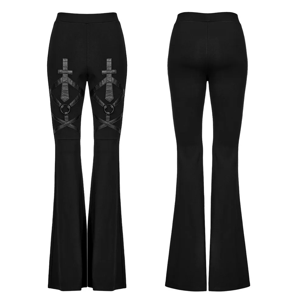 Stylish Cross-Strap Bell-Bottom Goth Pants