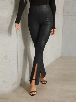 Stylish High-waist Slit Hem Slim Flared Leather Pants